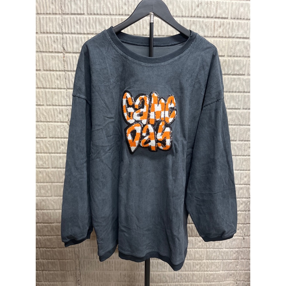Game Day Sequin Corduroy Pullover Charcoal Gray‎ Oversized Sweatshirt Womens 2XL